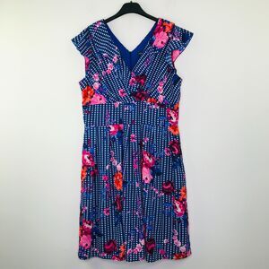 Chris McLaughlin Women's 16 Dress Blue Pink Floral Gingham Pleated Wrap AV22